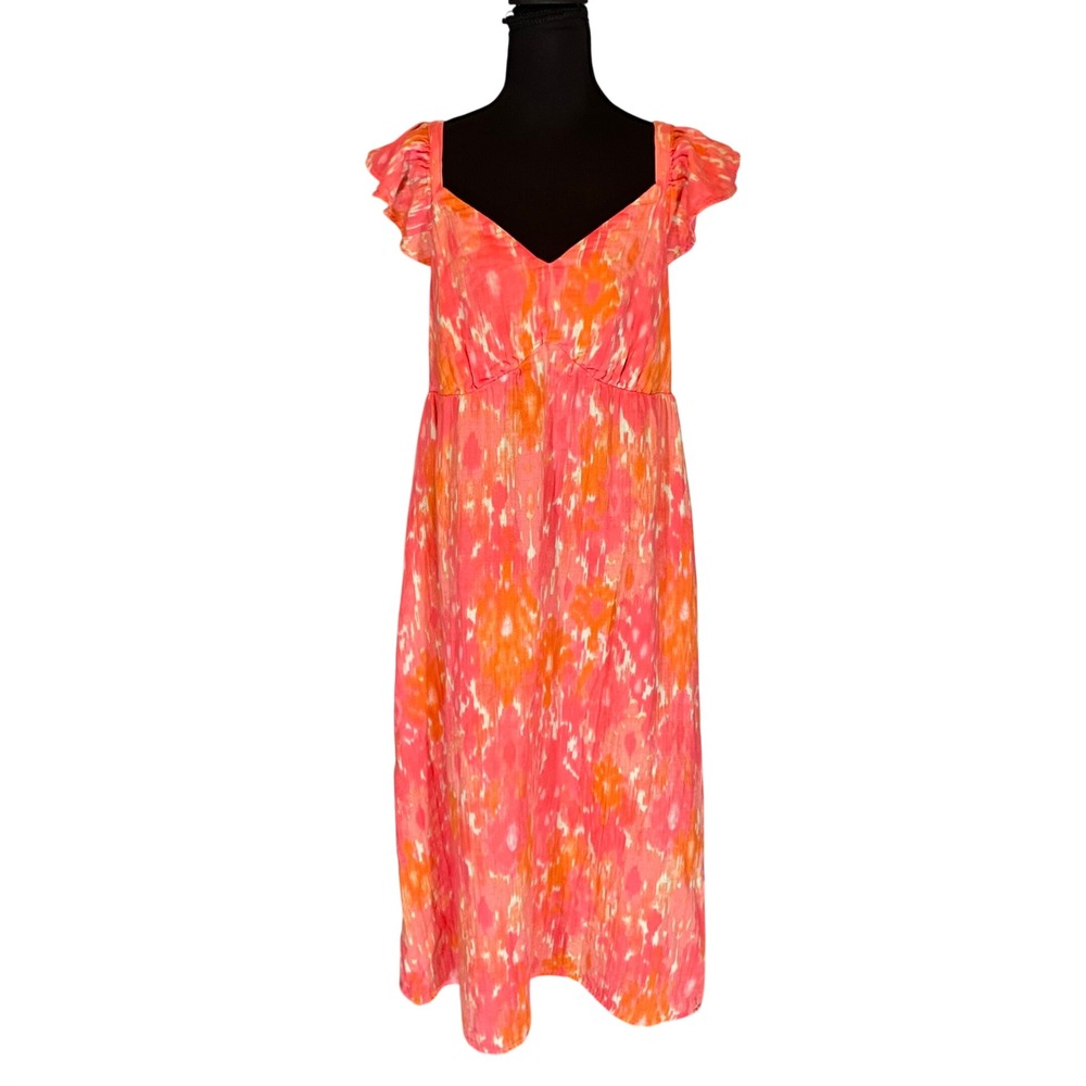 Womens Pink Orange Ikat Cotton Gauze Midi‎ Dress L 12-14 Dopamine Dressing Boho